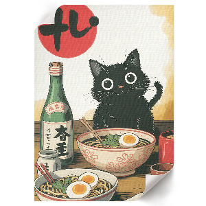 Retro poszter, rajta egy kot és egy ramen tál
